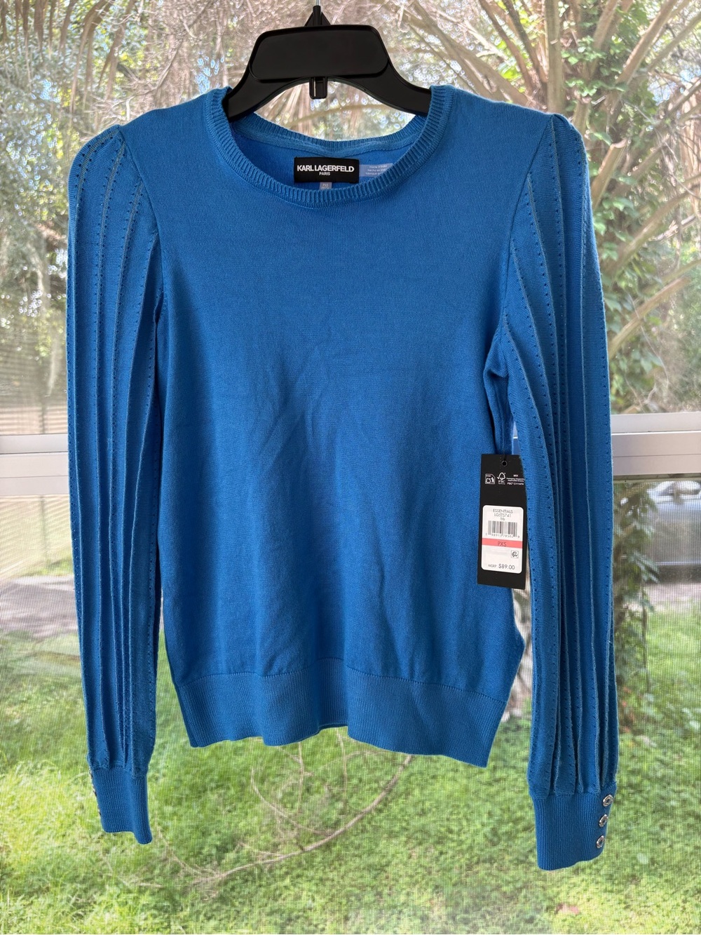 Karl Lagerfeld Teal-Blue Pintuck Sleeve Crewneck Sweater